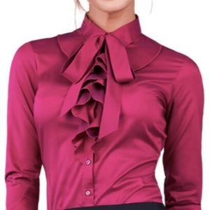 NWOT Fitted Magenta Pussybow Tie Neck Twill Shirt